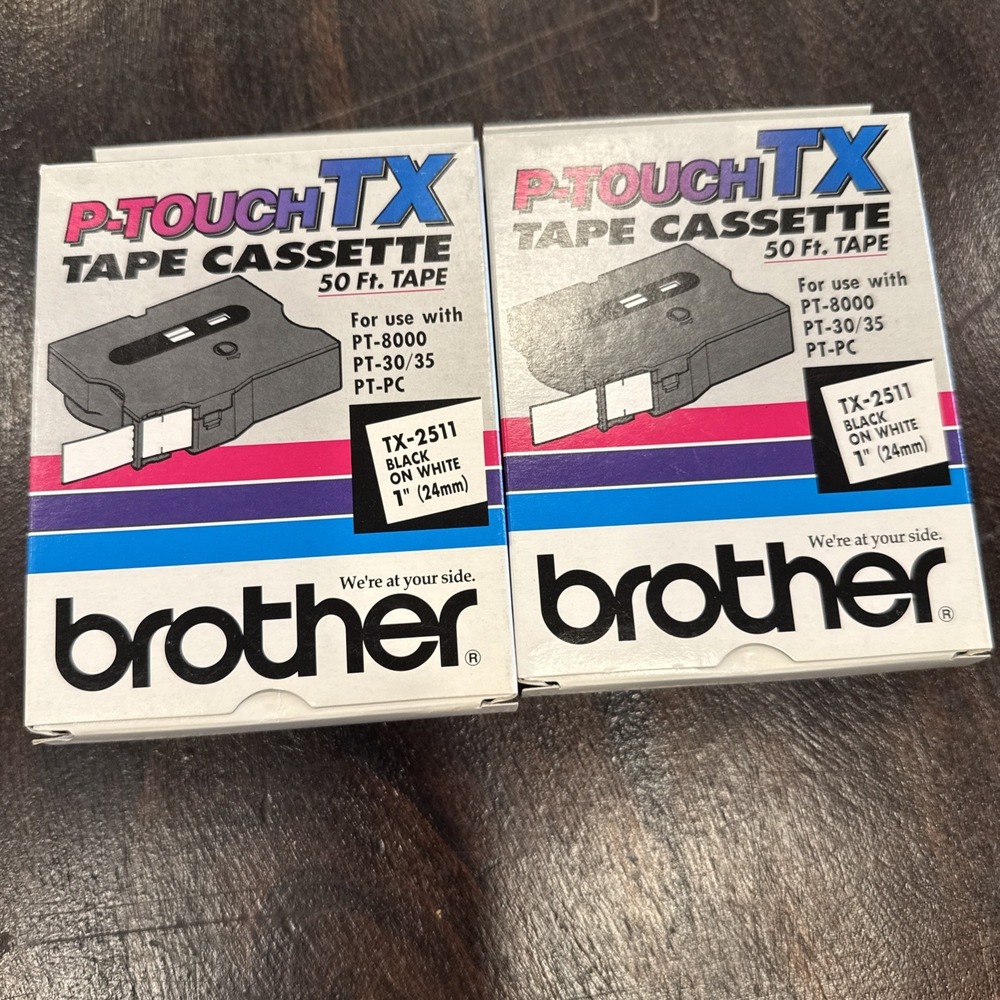 2 Brother TX-2511 P-Touch TX Black on White 1" 50 Ft Label Maker Tape Cassettes